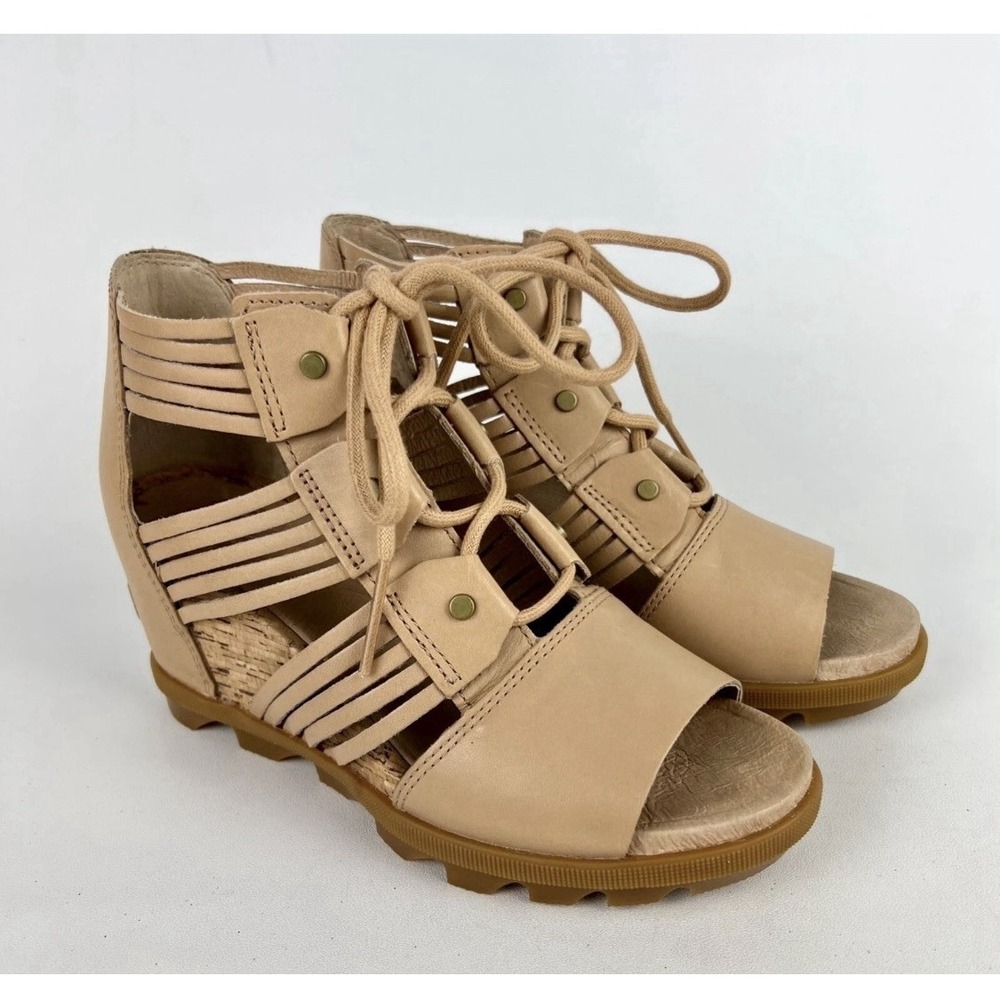 Sorel Womens Joanie II Lace Huarache Wedge Sandals NL4065 Camel‎ Brown size 8.5